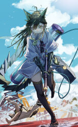  4girls absurdres alternate_costume alternate_hairstyle angelina_(arknights) angelina_(summer_flower)_(arknights) arknights bag black_bag black_hair black_thighhighs blue_sky candy candy_bar candy_wrapper chinese_commentary clouds colored_extremities commentary_request dual_wielding earrings extra_arms eyewear_hang falling food food_in_mouth green_eyes green_streaks gun highres holding holding_gun holding_weapon horns jacket jewelry kal'tsit_(arknights) long_hair mon3tr_(arknights) mouth_hold multicolored_hair multiple_girls official_alternate_costume outdoors pixel_sunglasses ponytail quadruple_wielding raidian_(arknights) running short_sleeves shoulder_bag sky slipping solo streaked_hair sunglasses sweat tail thigh-highs tube unworn_eyewear water water_fight water_gun weapon white_jacket yima_(power222222) 