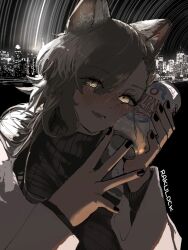  1girl animal_ears arknights beer_can black_nails black_sweater blush brown_hair can city_lights cityscape dark drink_can drunk eyelashes fur-trimmed_jacket fur_trim glowing glowing_eyes head_tilt jacket looking_at_viewer night open_clothes open_jacket penance_(arknights) penance_(occasionally_flushed)_(arknights) rakulock signature smile solo sweater upper_body white_jacket wolf_ears wolf_girl yellow_eyes 