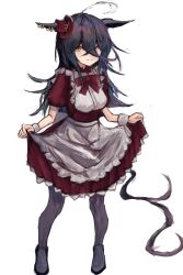  1girl ahoge animal_ears apron black_hair black_pantyhose black_shoes bow commentary_request dress ears_through_headwear hair_between_eyes hat holding_own_dress horse_ears horse_girl horse_tail long_bangs long_hair long_hair_between_eyes looking_at_viewer manhattan_cafe_(umamusume) multicolored_hair pantyhose red_bow red_dress shoes short_sleeves smile solo tail umamusume white_apron white_hair white_wrist_cuffs wrist_cuffs yanagi_wakana yellow_eyes 