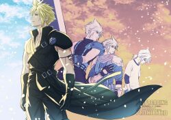  4boys age_progression aqua_eyes arm_ribbon armor belt black_cape black_gloves black_shirt blonde_hair buster_sword cape child closed_mouth cloud_strife commentary_request cowboy_shot earrings falling_petals fenrir_(ff7) fighting_stance final_fantasy final_fantasy_vii final_fantasy_vii:_advent_children final_fantasy_vii_remake gloves hair_between_eyes hand_on_own_chest hands_in_pockets holding holding_sword holding_weapon itumoyoutu jewelry light_smile looking_down looking_up low_ponytail male_focus multiple_belts multiple_boys neck_warmer parted_lips pauldrons petals pink_ribbon ponytail popped_collar ribbed_shirt ribbed_vest ribbon shinra_infantry_uniform shirt shirt_under_shirt short_hair shoulder_armor single_bare_shoulder single_earring single_pauldron spiky_hair suspenders sword waist_cape weapon white_shirt 