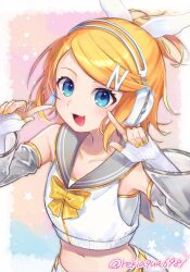  1girl bare_shoulders blonde_hair blue_eyes bow bowtie breasts commentary_request fang gloves grey_sailor_collar grey_sleeves headphones index_finger_raised kagamine_rin kagamine_rin_(nt) midriff navel open_mouth piapro_studio pointing pointing_at_self ponytail reki_(arequa) ribbed_gloves sailor_collar sailor_jacket see-through_sleeve_layer shirt short_hair short_ponytail shorts skin_fang small_breasts vocaloid white_bow white_gloves white_shirt white_shorts wing-shaped_bow yellow_bow yellow_bowtie yellow_nails z_hair_ornament 