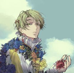  1boy alfred_(fire_emblem) blonde_hair blue_sky closed_mouth clouds commentary english_commentary fire_emblem fire_emblem_engage flower frilled_sleeves frills green_eyes highres holding holding_flower long_sleeves looking_at_viewer male_focus shirt short_hair sky solo umi_(oneinchswing) upper_body white_shirt 