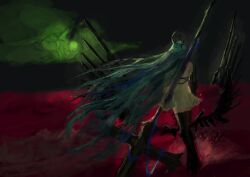  1girl alsace_(azur_lane) azur_lane bare_shoulders black_boots blue_hair boots commentary_request dress from_behind green_sky highres holding holding_weapon ichizai long_hair sky solo thigh_boots very_long_hair weapon white_dress 
