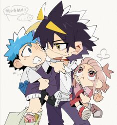  1girl 2boys angry bag black_hair blonde_hair blue_eyes blue_hair brown_hair carrying child chrono_(fate_rewinder) eyepatch fate_rewinder highres holding holding_bag hood hoodie jacket looking_at_another multicolored_hair multiple_boys open_mouth pants red_eyes shirai_(fate_rewinder) shirt shoes shopping_bag short_hair simple_background speech_bubble spiky_hair sweatdrop white_background white_hoodie yellow_eyes 
