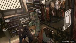  2girls animal_ear_headphones animal_ear_legwear animal_ears aroma_white asakura_neko black_hoodie black_shorts black_thighhighs brown_hair cat_ear_headphones cat_ear_legwear cat_ears closed_eyes clothes_shop copyright_notice cytus cytus_ii fake_animal_ears grey_hair hair_ornament hand_on_another's_shoulder head_down headphones highres holographic_interface hood hoodie hugging_own_legs indoors japanese_clothes kimono long_hair multiple_girls obi official_alternate_costume official_art orange_shawl sash shawl short_hair shorts sitting small_sweatdrop smile thigh-highs 