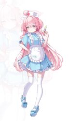  1girl :3 absurdres ahoge alternate_costume alternate_hairstyle apron blue_archive blue_dress blue_eyes blue_shoes blush commentary_request cross dlrkdals070707 dress frilled_apron frills full_body hair_between_eyes hair_intakes hair_ornament hairclip halo hand_on_own_hip hand_up hat heterochromia highres holding holding_syringe hoshino_(blue_archive) korean_commentary long_hair looking_at_viewer nurse nurse_cap parallel_hairclips pink_hair pink_halo red_cross shoes short_sleeves smile solo syringe thigh-highs two_side_up white_apron white_thighhighs yellow_eyes zoom_layer 