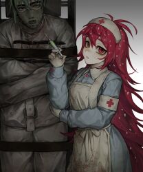  1boy 1girl animification apron armband bound bound_arms commentary flaky_(happy_tree_friends) flippy_(happy_tree_friends) green_hair happy_tree_friends hat highres holding holding_syringe humanization long_hair long_sleeves looking_at_viewer mary_felizola muzzle_(mask) nurse nurse_cap parted_lips red_eyes red_hair straitjacket syringe very_long_hair white_apron 
