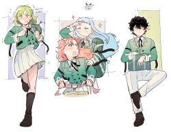  4girls absurdres agott_arklaum_(tongari_boushi_no_atelier) arm_strap backpack bag bicycle black_ribbon blue_eyes blue_hair blush buttons coco_(tongari_boushi_no_atelier) collared_shirt cowboy_shot curly_hair double-breasted earphones eating english_text excited expressionless full_body furrowed_brow green_eyes green_hair green_jacket highres jacket kneehighs long_hair long_sleeves looking_at_another multiple_girls official_alternate_costume on_bicycle pants pink_eyes pink_hair purple_hair ribbon richeh_(tongari_boushi_no_atelier) riding riding_bicycle running school_bag school_uniform shirt shoes short_bangs short_hair shoulder_bag simple_background sitting skirt socks sweat tassel tetia_(tongari_boushi_no_atelier) tongari_boushi_no_atelier twitter_username violet_eyes white_background white_pants white_shirt white_skirt youshie 