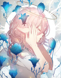  1girl absurdres canarinu closed_eyes closed_mouth commentary covering_own_ears flower from_side hair_between_eyes halo highres long_hair original pink_hair short_sleeves solo 