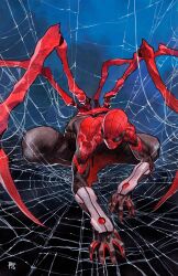 1boy animal_print bodysuit commentary dike_ruan highres male_focus marvel multicolored_bodysuit print_bodysuit red_bodysuit signature silk solo spider-man spider-man_(series) spider_print spider_web spider_web_print superhero_costume superior_spider-man two-tone_bodysuit web_shooter 