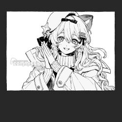  1girl :d animal_ears beret blush bow commission crossed_bangs dot_nose gem greyscale hair_between_eyes hair_bow hat hat_ornament highres long_hair long_sleeves looking_at_viewer mihuashi_commission monochrome original own_hands_together pearl pearl_hat_ornament rokkatera sidelocks smile solo sweater upper_body watermark wavy_hair 