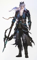  1boy ascot belt black_pants blazer boots brown_gloves chain commentary_request commission facial_mark full_body gloves graffitigw highres holding holding_polearm holding_weapon jacket kneehighs leather leather_boots male_focus original pants polearm robe simple_background socks solo standing thigh_strap torn_clothes torn_robe weapon white_background wolf_boy 