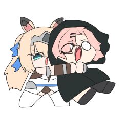  2girls akaoni_(zumt3548) alternate_costume animal_ears black_coat black_shoes blonde_hair blue_eyes coat commentary_request full_body hair_ornament hair_over_one_eye hairband hairclip hood horse_ears horse_girl long_hair metal_hairband mole mole_under_eye multiple_girls nicole_demara open_mouth pink_hair ponytail shoes sigrid_de_l'azur simple_background solo tongue white_background zenless_zone_zero 