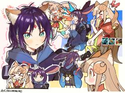  >_< 2girls alternate_animal_ears animal_ears black_hair blonde_hair chibi chinese_commentary cho_kaguya-hime! closed_eyes commentary_request crescent crescent_hair_ornament fox_ears hair_ornament highres japanese_clothes jitome kaguya_(cho_kaguya-hime!) kimono llllwewewe long_hair looking_at_another multiple_expressions multiple_girls multiple_views open_mouth profile purple_hair rabbit_ears rabbit_tail role_reversal sakayori_iroha short_hair smile surprised tail 