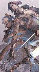  2boys aqua_eyes arm_tattoo arm_up belt black_gloves black_hair black_vest blue_jacket chest_tattoo collared_vest commentary_request devil_may_cry_(series) devil_may_cry_5 dutch_angle floating_hair gloves grey_background grey_hair grey_pants highres holding holding_weapon jacket male_focus multiple_boys nero_(devil_may_cry) open_clothes open_vest pants parted_lips popped_collar short_hair tattoo v_(devil_may_cry) very_short_hair vest weapon yue_(memento1113) 