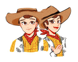  1boy animal_print animification brown_hair cow_print cowboy cowboy_hat dual_persona hat long_sleeves male_focus nhbzzdy open_mouth sheriff_woody shirt short_hair simple_background smile solo toy_story vest 