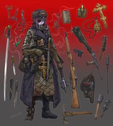 1girl bad_source belt belt_pouch black_boots black_eyes bolt_action boots borchardt_c-93 canteen capelet coat cross dagger explosive eyepatch full_body fur_hat gloves gradient_background green_gloves grenade gun handgun hat highres holding holding_mace holding_weapon holster knife long_hair looking_at_viewer mace mask medal mosin-nagant multiple_weapons orthodox_cross orthodox_icon pouch prosthesis prosthetic_leg purple_coat purple_hair respirator ribbon_of_saint_george rifle russian_text saber_(sword) scissors serious sheath sheathed sidelocks soldier solo spiked_mace spikes surgical_scissors translation_request trench_crusade ushanka weapon weapon_request zap-nik 