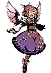  1girl absurdres animal_ear_piercing animal_ears bird_ears bird_wings black_shoes brown_dress brown_hat brown_socks closed_eyes commentary_request dress earrings frilled_dress frills gradient_clothes gradient_dress hat highres hoop_earrings jewelry juliet_sleeves limone_illust long_sleeves mystia_lorelei open_mouth outstretched_arms pink_hair puffy_sleeves purple_dress shirt shoes short_hair simple_background singing small_horns smile socks solo spread_arms touhou white_background white_shirt winged_hat winged_shoes wings 