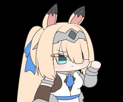  1girl akaoni_(zumt3548) animal_ears animated animated_gif blonde_hair blue_eyes blue_necktie bridal_gauntlets chibi closed_mouth commentary_request hair_over_one_eye hairband hand_on_own_cheek hand_on_own_face hand_up horse_ears horse_girl horse_tail long_hair metal_hairband necktie ponytail sigrid_de_l'azur simple_background single_bridal_gauntlet solo tail upper_body white_background zenless_zone_zero 