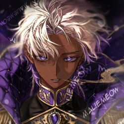  1boy artist_name black_shirt blonde_hair blurry blurry_background breath collar collared_cape dark_skin gem hair_flowing_over highres jacket jewelry leather leather_jacket looking_at_viewer maliemeow original parted_lips purple_gem purple_jacket shirt short_hair solo upper_body violet_eyes 