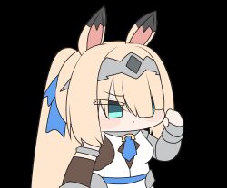  1girl akaoni_(zumt3548) animal_ears animated animated_gif blonde_hair blue_eyes blue_necktie bridal_gauntlets chibi closed_mouth commentary_request hair_over_one_eye hairband hand_on_own_cheek hand_on_own_face hand_up horse_ears horse_girl horse_tail long_hair metal_hairband necktie ponytail sigrid_de_l'azur simple_background single_bridal_gauntlet solo tail upper_body white_background zenless_zone_zero 