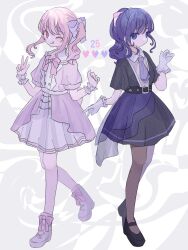  1girl 1other :q ;q akiyama_mizuki asahina_mafuyu bad_id bad_pixiv_id black_dress black_shoes bow bowtie brown_pantyhose closed_mouth collared_dress commentary dress empty_eyes english_commentary expressionless footwear_ribbon frilled_gloves frilled_wrist_cuffs frills full_body gloves hair_ornament hair_ribbon hand_up hands_up heart high_ponytail high_side_ponytail highres light_blush necktie ng_(fa_oo0) no_nose one_eye_closed pantyhose pink_bow pink_bowtie pink_dress pink_eyes pink_hair pink_ribbon ponytail project_sekai puffy_short_sleeves puffy_sleeves purple_hair purple_necktie purple_ribbon ribbon shoes short_sleeves side_ponytail standing standing_on_one_leg star_(symbol) star_hair_ornament tongue tongue_out two-tone_dress violet_eyes w white_dress white_gloves white_wrist_cuffs wrist_cuffs 