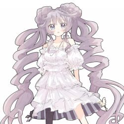  1girl blush braid braided_bun double_bun dress drill_hair duel_monster frilled_dress frills hair_bun highres long_hair looking_at_viewer off-shoulder_dress off_shoulder open_mouth purple_hair sanpo selettrice_vaalmonica sidelocks solo twin_drills white_background yu-gi-oh! 