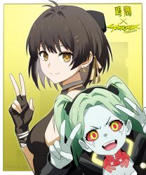  2girls absurdres anime_coloring brown_eyes brown_hair colored_sclera colored_skin commentary_request crossover cyberpunk:_edgerunners cyberpunk_(series) double_v earrings female_rover_(wuthering_waves) fingerless_gloves gloves green_hair hair_ribbon highres jewelry looking_at_viewer multiple_girls open_mouth parted_bangs rebecca_(cyberpunk) red_sclera ribbon rover_(wuthering_waves) sakuraisine short_hair smile triangle_earrings twintails v white_skin wuthering_waves yellow_background 