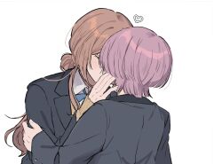  2girls arimura_mao black_jacket blazer blue_bow blue_bowtie bow bowtie brown_hair closed_eyes gakuen_idolmaster heart highres himesaki_rinami idolmaster jacket kiss long_hair multiple_girls purple_hair school_uniform short_hair simple_background white_background yureru_300 yuri 