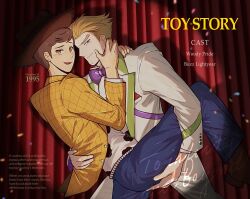  1995 2boys animification blonde_hair brown_hair buzz_lightyear cowboy_hat english_text hat long_sleeves male_focus multiple_boys nhbzzdy open_mouth sheriff_woody shirt short_hair smile suit toy_story 
