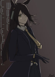  1girl animal_ears artist_name black_choker black_coat black_gloves black_vest choker closed_mouth coat collared_shirt commentary_request ear_ornament ear_tag earrings english_text gloves grey_background hair_over_one_eye hem_peeking_out highres horse_ears horse_girl jewelry light_smile long_bangs long_sleeves looking_at_viewer manhattan_cafe_(umamusume) necktie ryu_to_kagune shirt simple_background single_earring solo umamusume vest white_shirt yellow_eyes yellow_necktie yuri 