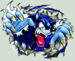  1boy animal_nose black_nose blue_fur deviantart_sample fangs fingernails furry furry_male green_eyes hedgehog_boy highres ihearrrtme image_sample sharp_fingernails solo sonic_(series) sonic_the_hedgehog sonic_the_werehog sonic_unleashed tongue tongue_out werehog 