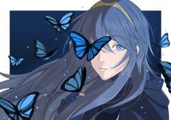  1girl armor blue_background blue_cape blue_collar blue_eyes blue_gloves blue_hair border brand_of_the_exalt bug butterfly cape collar commentary double-parted_bangs fingerless_gloves fire_emblem fire_emblem_awakening floating_hair fumiko_(290976767) gloves hair_between_eyes high_collar highres long_hair looking_at_viewer lucina_(fire_emblem) one_eye_covered open_mouth outside_border pauldrons serious shoulder_armor solo straight_hair surprised tiara untranslatable_commentary white_border wide-eyed 