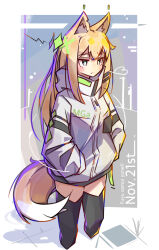  1girl animal_ear_fluff animal_ears black_thighhighs blonde_hair blush border bright_pupils closed_mouth commentary_request cropped_legs double-parted_bangs fox_ears fox_girl fox_tail grey_background grey_eyes hands_in_pockets highres hood hood_down hoodie long_hair long_sleeves original outside_border sidelocks solo tail tetenka thigh-highs white_border white_hoodie white_pupils 
