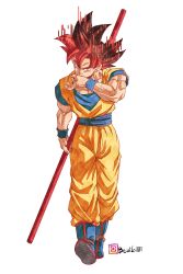 1boy absurdres artist_name aura beatlo_(rodrigo38658978) black_hair dougi dragon_ball dragon_ball_super highres holding holding_polearm holding_weapon instagram_username male_focus orange_pants pants polearm red_hair ruyi_jingu_bang saiyan signature solo son_goku spiky_hair super_saiyan super_saiyan_god transformation weapon 