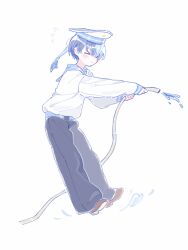  >_< 1boy alternate_costume aoyagi_touya belt black_pants blue_belt blue_hair blue_sailor_collar blush brown_shoes closed_eyes closed_mouth commentary flying_sweatdrops hat highres holding holding_hose hose long_sleeves male_focus multicolored_hair nose_blush oversized_pants pants project_sekai sailor sailor_collar sailor_hat shirt shoes short_hair solo split-color_hair toes_up untranslatable_commentary water white_045 white_hat white_shirt 
