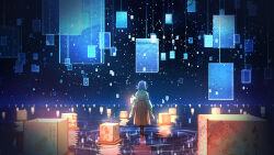  1girl alternate_version_available check_commentary checkered_clothes checkered_kimono commentary_request endlesscat festival flower from_behind glowing green_kimono hair_flower hair_ornament hakama hakama_skirt hanging_lantern hieda_no_akyuu highres japanese_clothes kimono lantern lantern_on_liquid night paper_lantern ripples scenery skirt star_(sky) touhou walking 