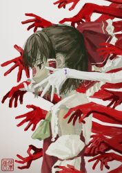  absurdres ascot bare_shoulders bow brown_eyes brown_hair chest_sarashi colored_extremities commentary detached_sleeves elbow_gloves expressionless frills from_side glove_ribbon gloves grey_background hair_tubes hakurei_reimu higan_ame highres medium_hair nontraditional_miko red_bow red_hands red_shirt sarashi shirt sleeveless sleeveless_shirt touhou upper_body white_gloves yakumo_yukari yellow_ascot 