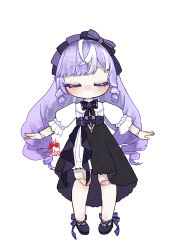  1girl ahoge ascot bow bowtie closed_mouth doll doll_joints drill_hair drill_sidelocks frills full_body hairband highres janbopurin joints long_hair long_sleeves looking_at_viewer mole mole_under_eye multicolored_hair pointy_ears purple_ascot purple_bow purple_bowtie purple_hair purple_hairband red_eyes sidelocks simple_background solo streaked_hair vivian_banshee white_background zenless_zone_zero 