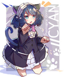  1girl animal_ears black_dress blue_eyes blue_hair blush border bow bowtie bright_pupils cat_ears cat_girl cat_tail commentary_request cropped_legs cyan_(show_by_rock!!) dress fang frilled_dress frills grey_background hands_up highres long_sleeves open_mouth outside_border paw_pose pink_bow pink_bowtie short_dress short_hair show_by_rock!! solo tail tetenka white_border white_pupils 