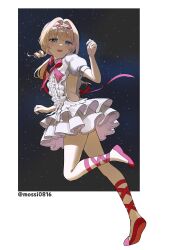  1girl :d absurdres blonde_hair blue_eyes bow bowtie braid braided_bangs chinese_commentary clothing_cutout commentary_request dress from_side full_body hand_up highres kiperina leg_ribbon leg_up looking_at_viewer mossi_(mossi0816) open_mouth red_bow red_bowtie red_ribbon red_shoes reverse:1999 ribbon running shoes short_dress side_cutout sky smile solo star_(sky) starry_sky turning_head twitter_username white_background white_dress 