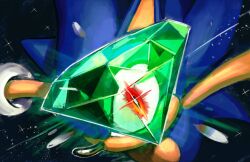  1boy absurdres blue_fur chaos_emerald furry furry_male gem gloves glowing glowing_eye green_gem hedgehog_boy highres kornart looking_at_viewer red_eyes solo sonic_(series) sonic_the_hedgehog white_gloves 
