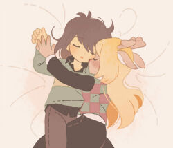  1girl 1other androgynous animal_ears antlers bed bed_sheet blonde_hair brown_hair closed_eyes deer_antlers deer_ears deer_girl deltarune freckles furry furry_female head_on_another's_shoulder holding_hands horns kris_(deltarune) leaning_on_person long_hair long_sleeves lying lying_on_person noelle_holiday on_bed open_mouth reindeer_girl shirt short_hair sleeping sleeping_on_person sleeping_together striped_clothes striped_sweater striped_sweater_vest sweater sweater_vest tanba_(tanba-art) utdr_(toby_fox) 