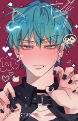 2boys 349am absurdres alien_stage alternate_costume animal_ears aqua_hair black_nails black_shirt blue_eyes blush cat_ears character_name claw_pose closed_mouth collared_shirt commentary copyright_name drawn_ears english_commentary english_text face_piercing heart highres ivan_(alien_stage) lip_piercing male_focus multiple_boys piercing pixel_heart portrait red_background shirt short_hair small_sweatdrop solo_focus star_(symbol) till_(alien_stage) very_short_hair 