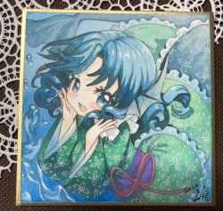  1girl absurdres blue_eyes blue_hair blush commentary_request drill_hair drill_sidelocks fins frilled_kimono frilled_sleeves frills green_kimono head_fins highres japanese_clothes kimono long_sleeves looking_at_viewer merfolk mermaid monster_girl mosho obi obijime open_mouth photo_(medium) purple_sash sash shikishi sidelocks smile solo touhou traditional_media wakasagihime wide_sleeves 