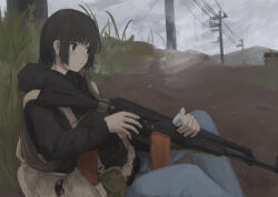  1girl absurdres ak-74m ammunition_pouch assault_rifle attamaf866 black_hair blunt_bangs cable denim expressionless grass gun gun_sling highres hood hood_down hoodie jeans kalashnikov_rifle load-bearing_vest looking_to_the_side magazine_(weapon) mountain original overcast pants pouch rifle short_hair sitting sky utility_pole weapon 