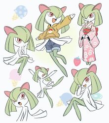  1girl clothed_pokemon colored_skin denim denim_shorts floral_print food fruit green_hair green_skin hair_over_one_eye highres hood hoodie horns ice_cream_cone japanese_clothes kimono kirlia multicolored_skin multiple_views orock_miani pink_eyes poke_ball_print pokemon pokemon_(creature) shorts sidelocks sitting smile strawberry two-tone_skin white_skin 