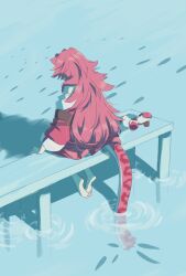  1girl animal_ears barefoot coat commentary facing_down highres hololive hololive_english long_hair long_sleeves panther_ears panther_girl panther_tail pink_coat pink_hair pink_tail raora_panthera raora_panthera_(1st_costume) shoes sitting solo tail unworn_shoes virtual_youtuber water white_azaros white_shoes 