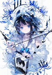  1girl absurdres animal_ears bare_shoulders black_hair blue_bow blue_bowtie blue_flower blue_pupils blunt_bangs bow bowtie bright_pupils cat_ears closed_mouth collarbone commentary commission cropped_torso crying crying_with_eyes_open eyelashes fingernails flower grey_eyes grey_sailor_collar hair_flower hair_ornament hairclip highres holding holding_knife holding_picture_frame iei jacket jacket_partially_removed knife light_frown long_sleeves looking_at_viewer mihuashi_commission original picture_frame puffy_long_sleeves puffy_sleeves sad sailor_collar sailor_shirt shirt short_hair sleeveless sleeveless_shirt solo spider_lily tears teasing triangular_headpiece untranslatable_commentary watermark white_background white_flower white_jacket white_shirt x_hair_ornament yunijuebie 