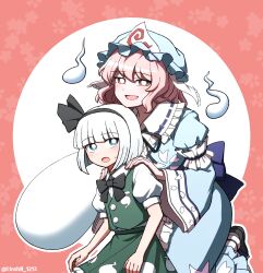  2girls back_bow black_bow black_bowtie black_hairband black_shoes blue_bow blue_eyes blue_hat blue_kimono bow bowtie collared_kimono commentary_request frilled_kimono_collar frilled_skirt frills green_skirt green_vest hairband hands_on_another's_shoulders hat highres hoshii_1213 japanese_clothes kimono konpaku_youmu konpaku_youmu_(ghost) multiple_girls open_mouth pink_hair puffy_short_sleeves puffy_sleeves ribbon-trimmed_collar ribbon_trim saigyouji_yuyuko shoes short_hair short_sleeves skirt touhou triangular_headpiece vest 
